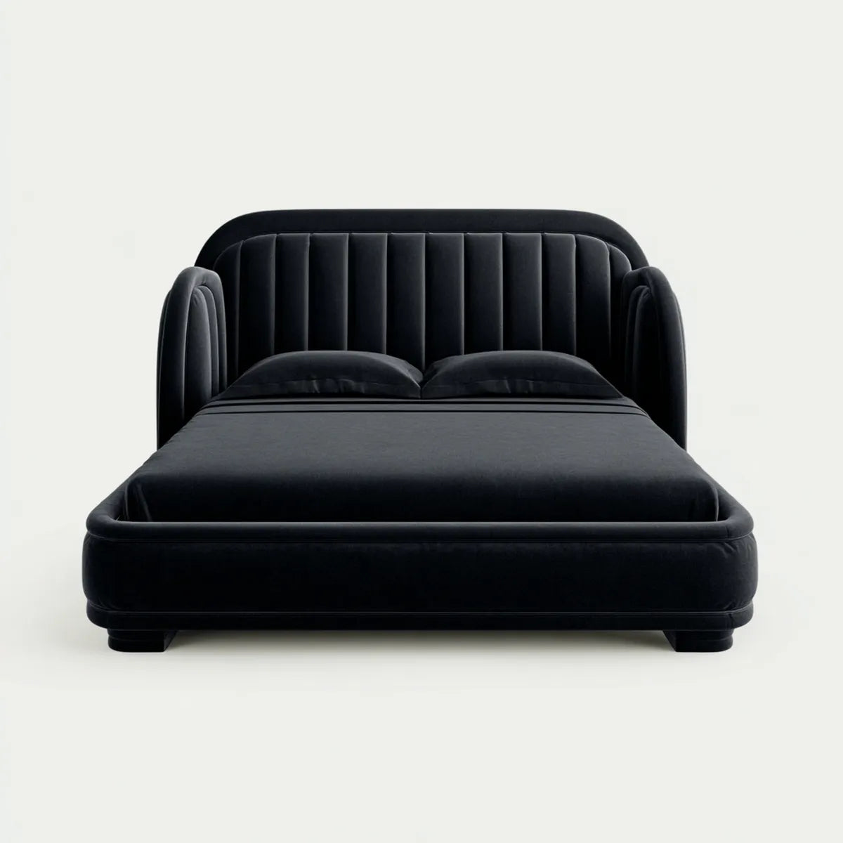 Lit double capitonné noir 160 x 200 cm en velours polyester à forme arrondie