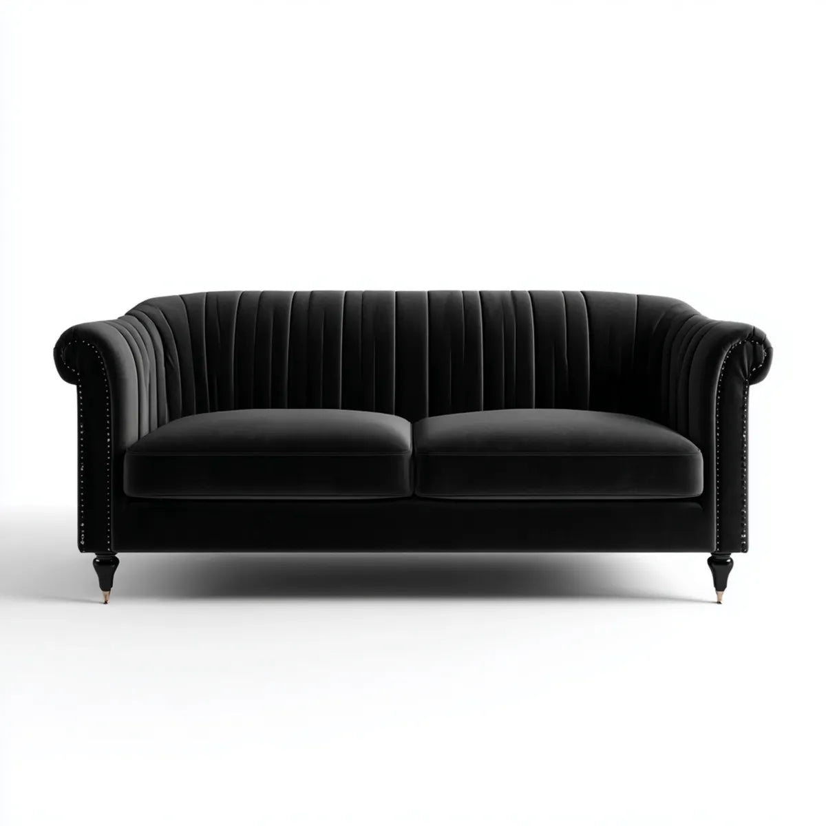 Canapé 2 places noir en velours de polyester 180 x 85 x 84 cm avec dossier cannelé et accoudoirs roulés