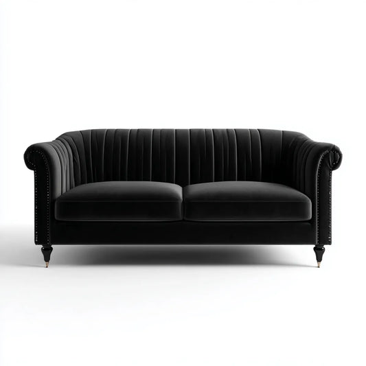 Canapé 2 places noir en velours de polyester 180 x 85 x 84 cm avec dossier cannelé et accoudoirs roulés