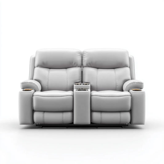 Canapé relax 2 places gris clair en cuir PU avec console centrale 178 x 95 x 102 cm