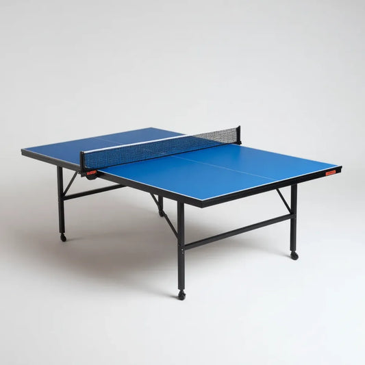 Table de ping-pong intérieure bleue 274 x 152.5 x 76 cm plateau MDF cadre en acier rectangulaire