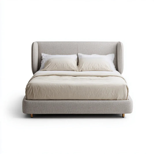 Lit double rembourré beige 160 x 200 cm en polyester rectangulaire avec tête de lit enveloppante