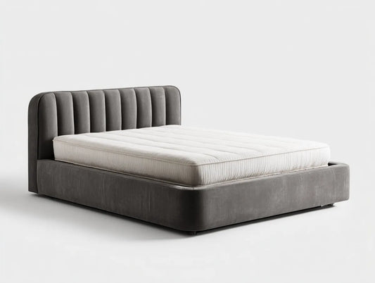 Lit double 160 x 200 cm rectangulaire gris en velours de polyester avec tête de lit arrondie