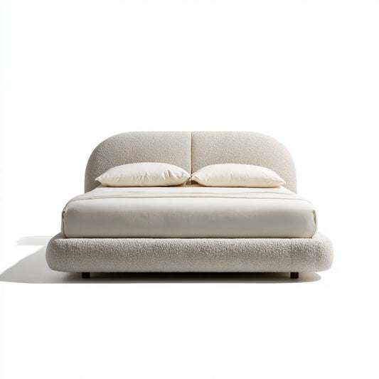 Lit double 160 x 200 cm beige en polyester bouclette avec tête de lit arrondie