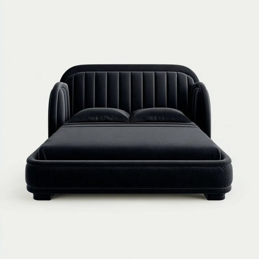 Lit double capitonné noir 160 x 200 cm en velours polyester à forme arrondie