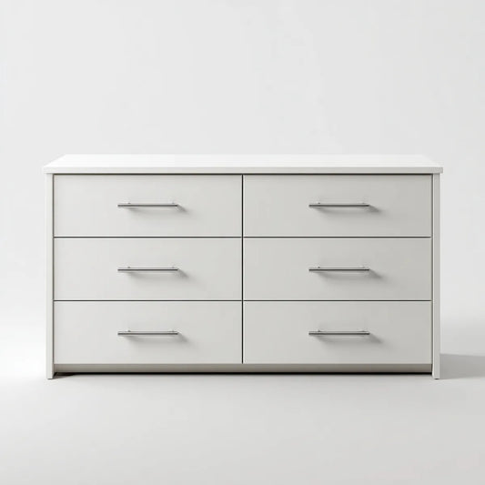 Commode 6 tiroirs blanche rectangulaire en panneaux de particules mélaminés 120 x 40 x 75 cm