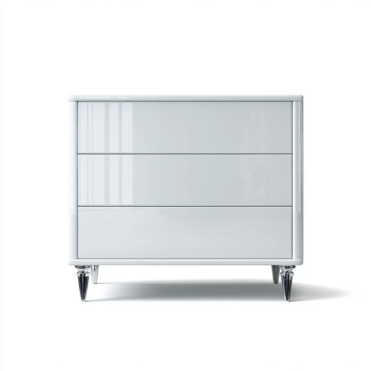 Commode à 3 tiroirs blanche brillante rectangulaire en MDF laqué et acier chromé 100 x 45 x 90 cm