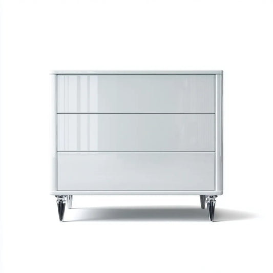Commode à 3 tiroirs blanche brillante rectangulaire en MDF laqué et acier chromé 100 x 45 x 90 cm